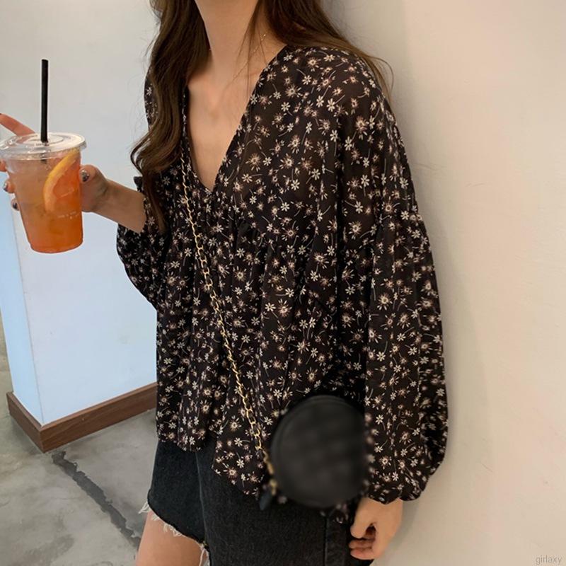 Áo Sơ Mi Chiffon Tay Dài Cổ Chữ V Dáng Rộng In Họa Tiết Hoa Đơn Giản Ngọt Ngào Kiểu Hàn Quốc