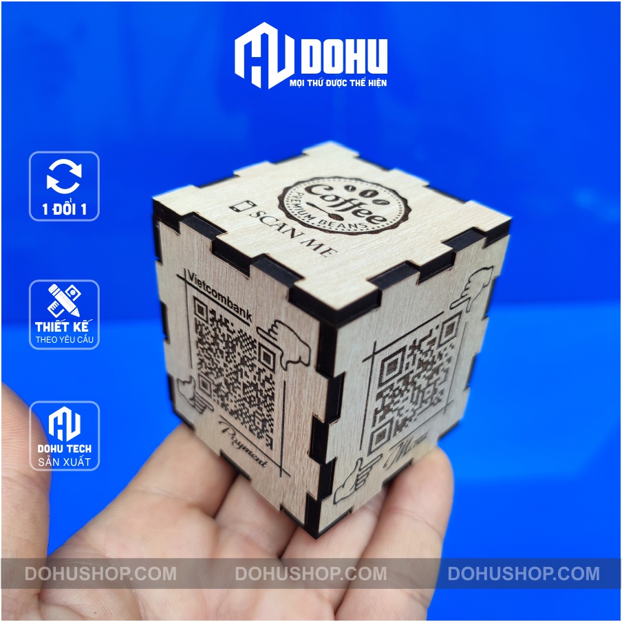 Hộp khắc mã QR thông tin tài khoản ngân hàng, MoMo, Pass Wifi, Tên quán (thay đổi theo yêu cầu)