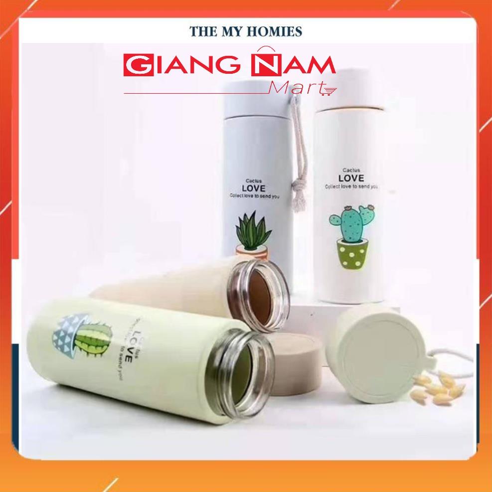 Bình đựng nước lõi thủy tinh họa tiết xương rồng dung tích 450ml.