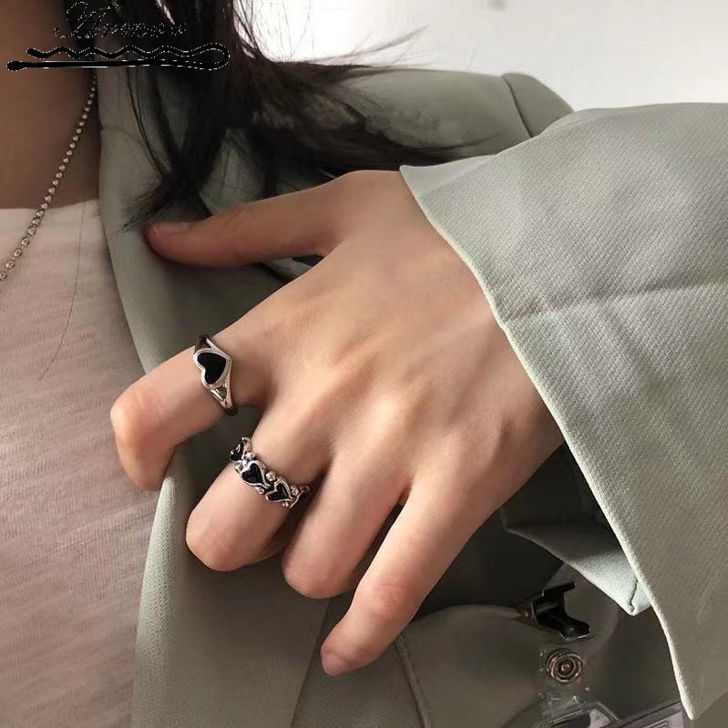 Nhẫn Hở Màu Bạc Hình Trái Tim Màu Đen Phong Cách Hip Hop Hàn Quốc Đơn Giản Có Thể Điều Chỉnh