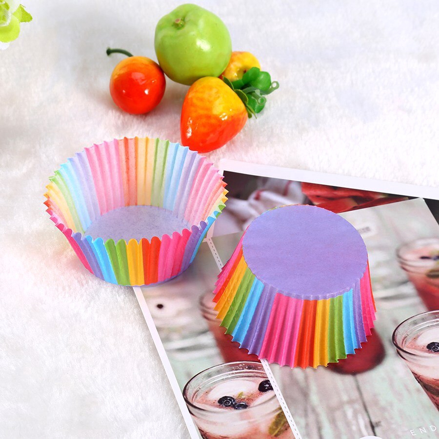 Set 100 hộp giấy nướng bánh cupcake màu cầu vồng dễ thương