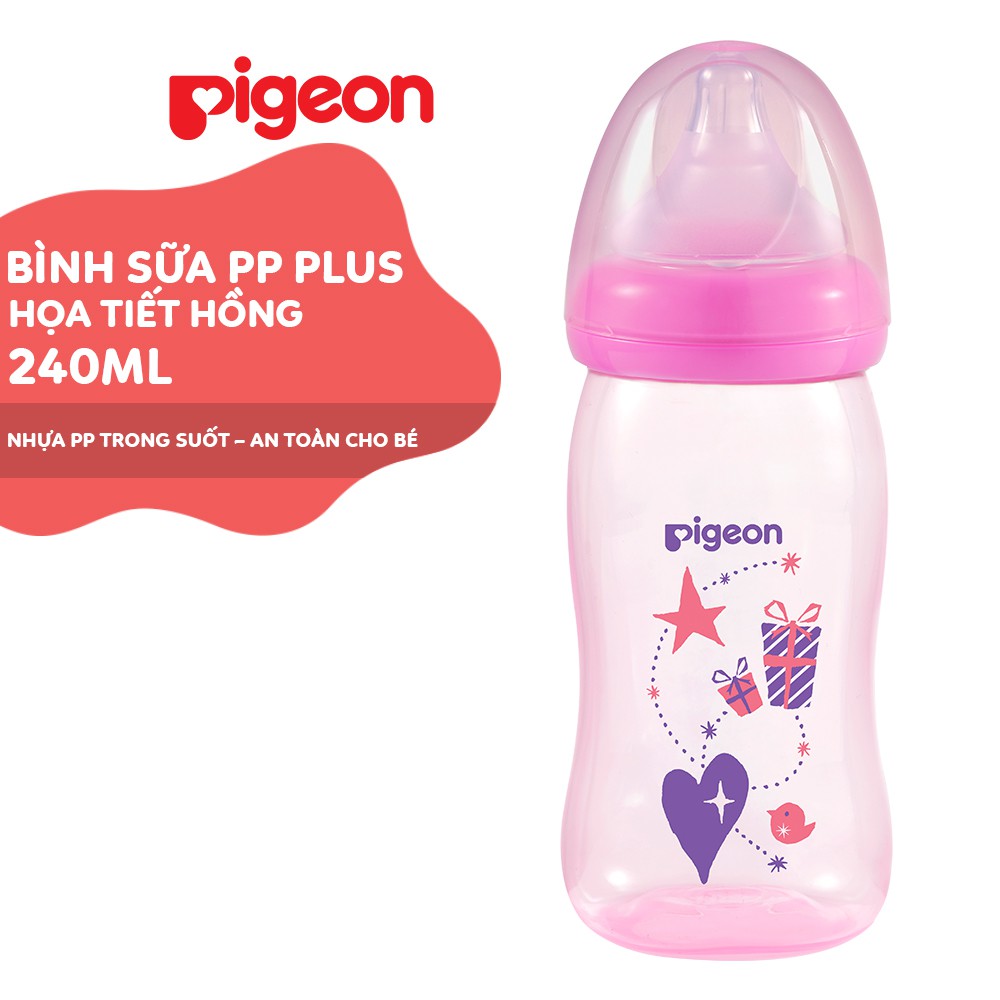 Bình sữa cổ rộng PP Plus họa tiết xanh/hồng Pigeon 240ml (M)