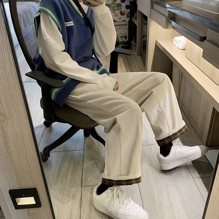 QUẦN NHUNG TĂM DÀI ỐNG RỘNG UNISEX / NAM / NỮ DÁNG DÀI CULOTTES LƯNG THUN DÂY RÚT / LAI LẬT PHỐI CARO