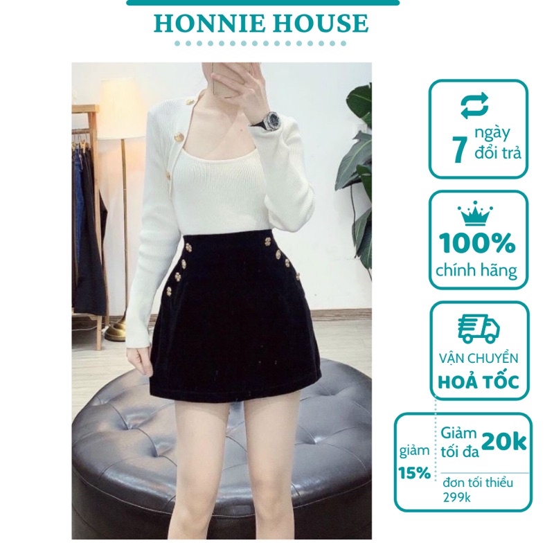 Ảnh Thật  áo len vạt tôm cổ vuông mix khuy đồng sang chảnh