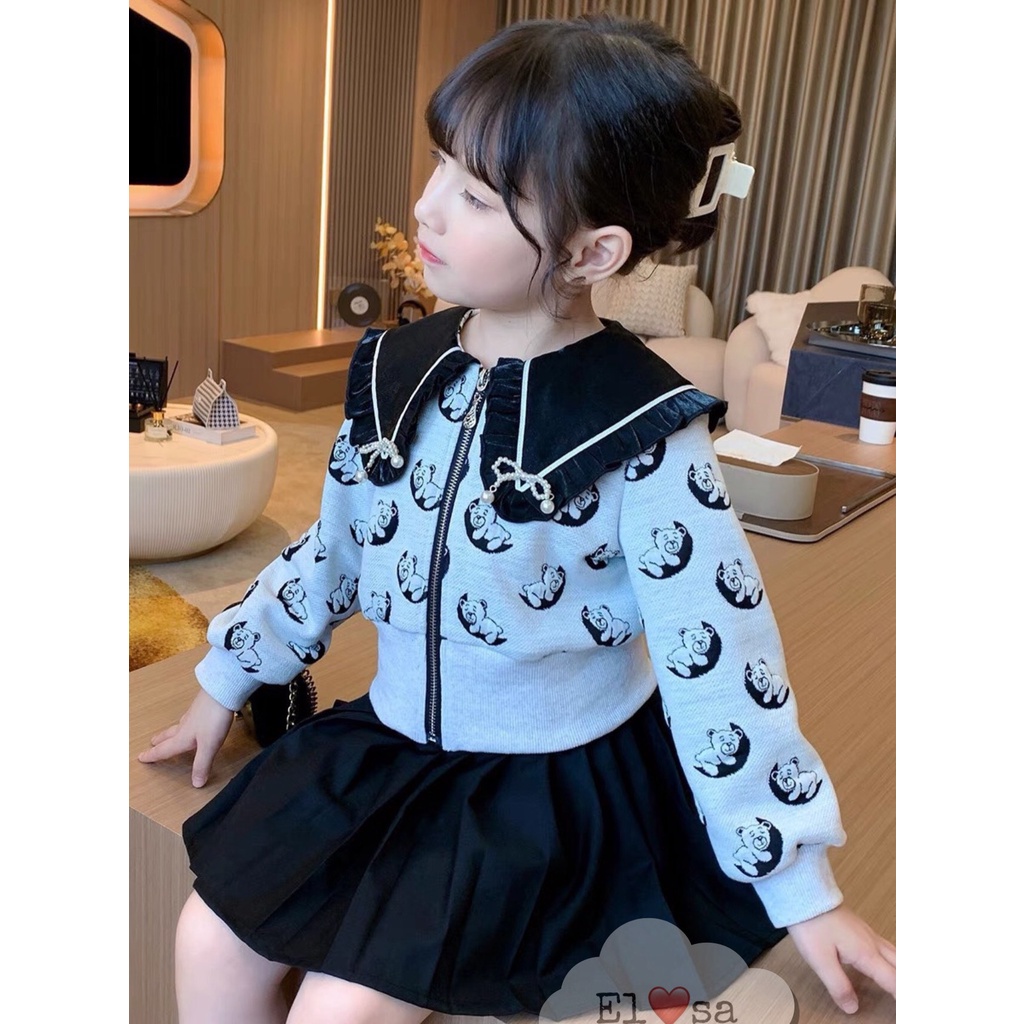 Váy bé gái - Set áo Gấu Mặt Trắng kèm chân váy xếp ly siêu xinh cho bé gái 1 - 7 Tuổi
