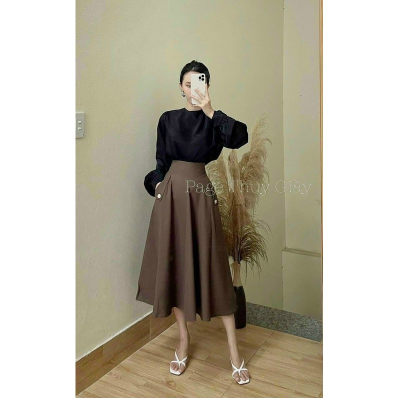 Chân váy dài xếp ly dáng xòe, Chân váy maxi cạp cao túi hai bên CV1851 - NhiNhi Shop