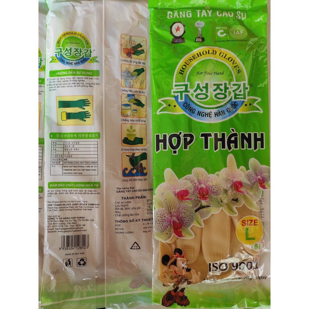 Bịch 10 đôi găng tay cao su Hợp Thành dài 32cm size S - M - L, găng tay rửa chén rửa bát, bao tay cao su rửa chén