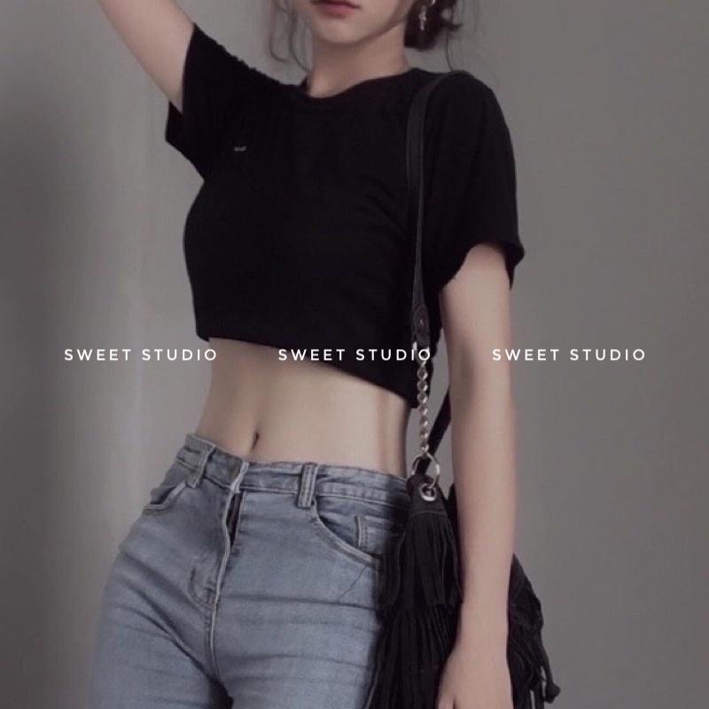 Áo croptop nữ tay ngắn co dãn, chất thun tăm thấm mồ hôi