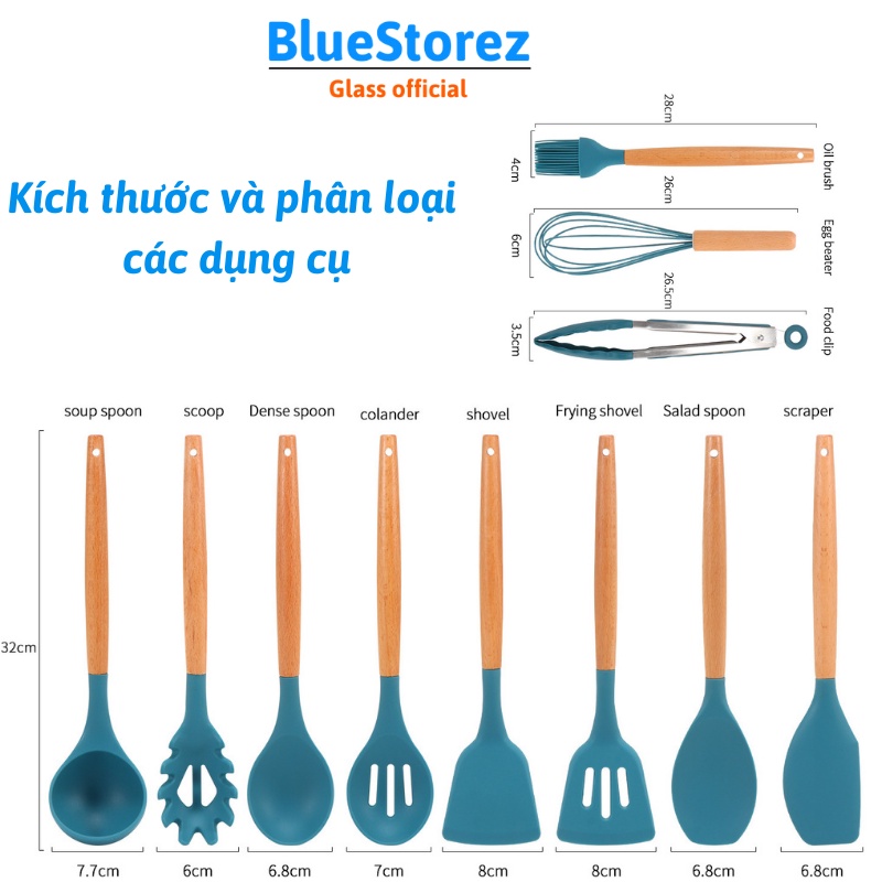 Dụng cụ nhà bếp nấu ăn cao cấp silicon GEL siêu chịu nhiệt 11 món dễ thương, Đồ dùng làm bánh muỗng thìa phới silicon