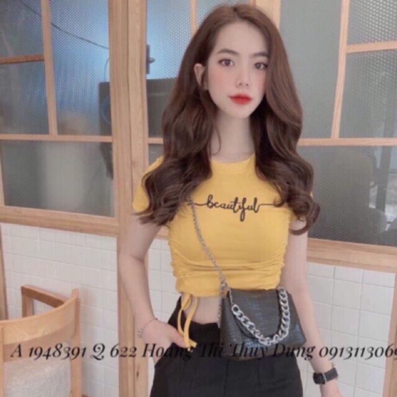 Áo thun croptop dây rút eo chất thun ôm body - vải dày dặn