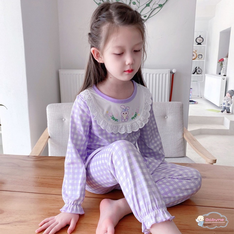 Bộ Đồ Ngủ 2 Món Áo + Quần Dài In Họa Tiết Caro Dễ Thương Thoải Mái Thân Thiện Với Da Cho Bé Gái