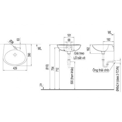 Lavabo chậu rửa mặt Inax Treo Tường L-283V cỡ nhỏ, ko xả tràn