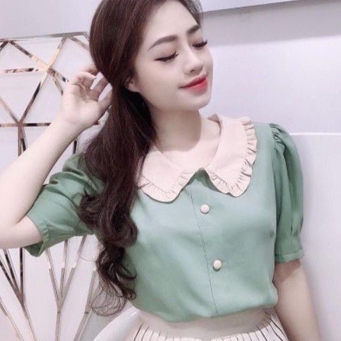 Áo kiểu nữ đẹp cổ bèo tay ngắn phồng bánh bèo chất liệu đũi xước quảng châu cao cấp - A194