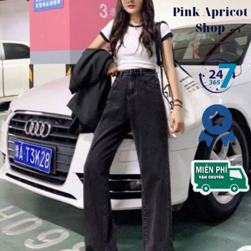 Quần bò ống rộng nữ đen quần jean bò ống rộng quần baby nữ cạp cao đủ size Pink Apricot Shop
