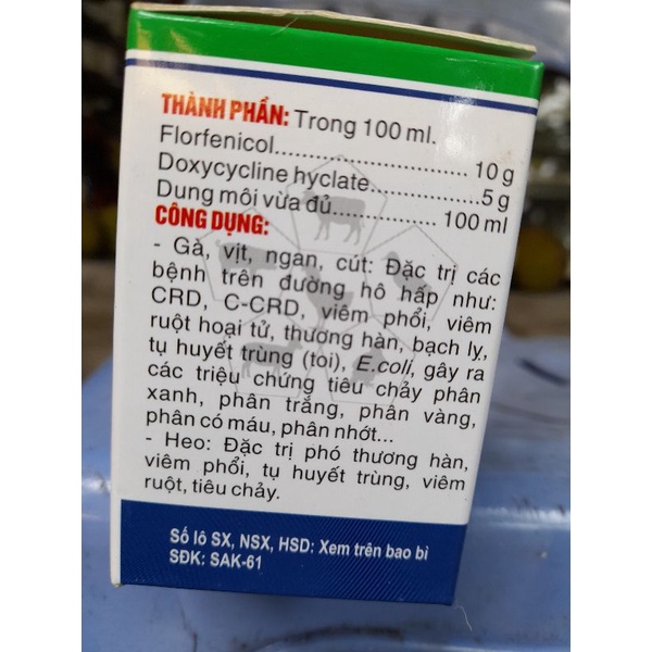 Flo doxy 10ml ho hen việm phổi, việm ruột tiêu cháy, phân xanh trắng, thương hàn, ecoli, chướng diều khô chân chó mèo gà
