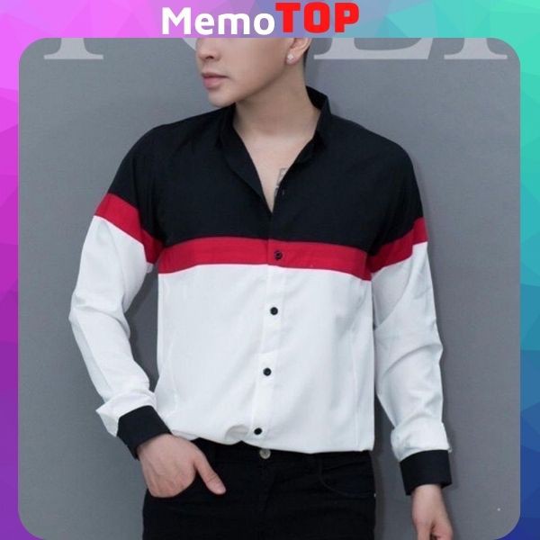 Áo Sơ Mi Dài Tay Nam Phối Kiểu Sọc Ngang Phong Cách Hàn Quốc Vải Cao Cấp Mềm Mịn Đẹp - MemoTop