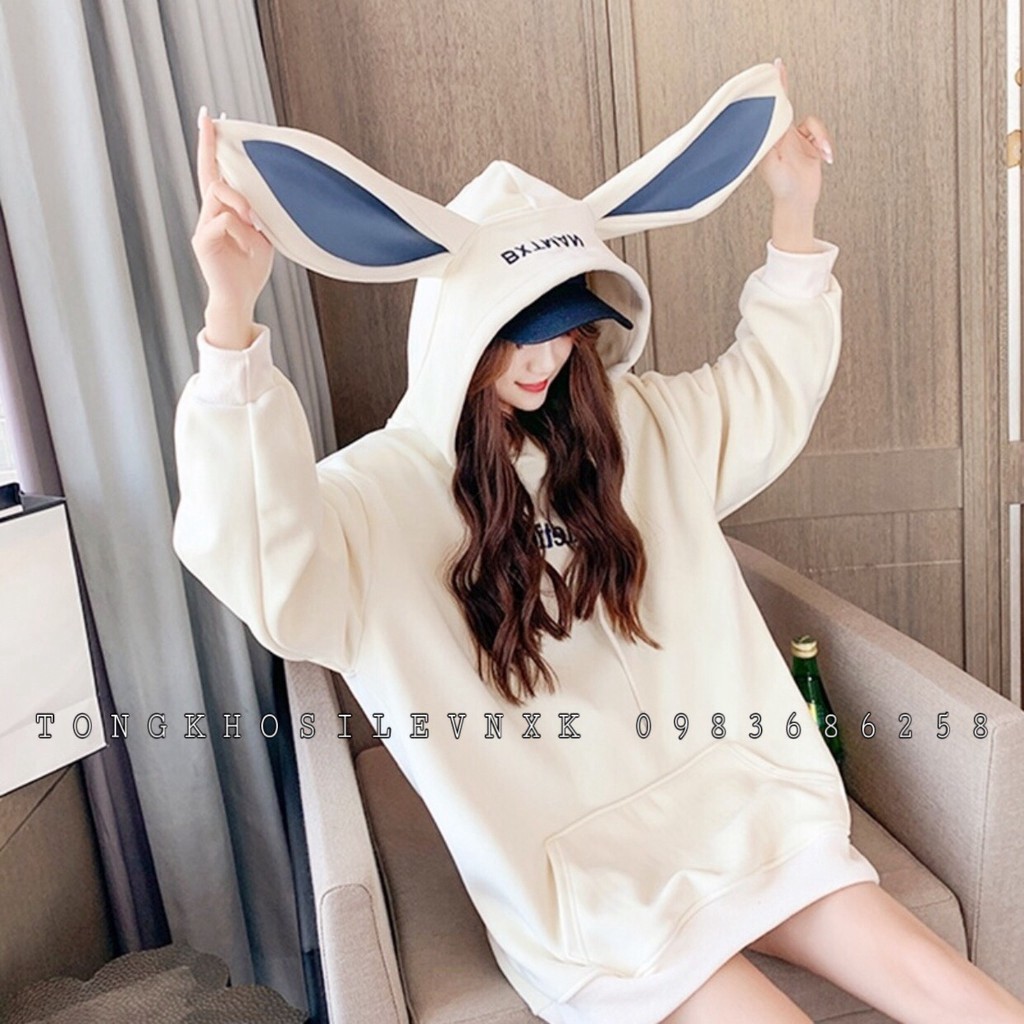 ÁO HOODIE TAI THỎ SOMETIME TRẮNG UNISEX - ÁO NỈ NGOẠI MŨ TAI XÁM IN CHỮ HOT