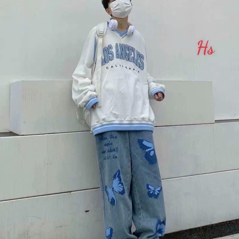 Áo sweater nỉ tay bồng viền cổ V unnisex chữ Los Angeles_Áo nỉ bông nam nữ basic, cá tính, hottend | BigBuy360 - bigbuy360.vn