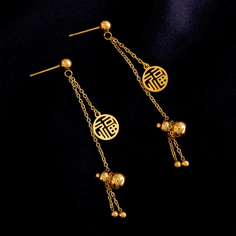 Bông tai Titan nữ không gỉ 18k Mạ vàng Lucky Pumpkin Tua &quot;Fu&quot; khuyên tai dáng dài