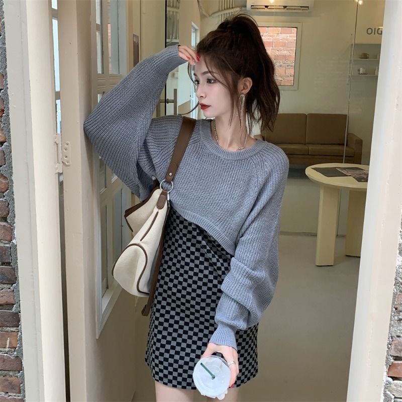 Hot!F &amp; X Set Áo Sweater Dệt Kim Dáng Ngắn Phối Đầm Hai Dây Phong Cách Retro Thời Trang Mùa Xuân Dành Cho Nữ 2022
