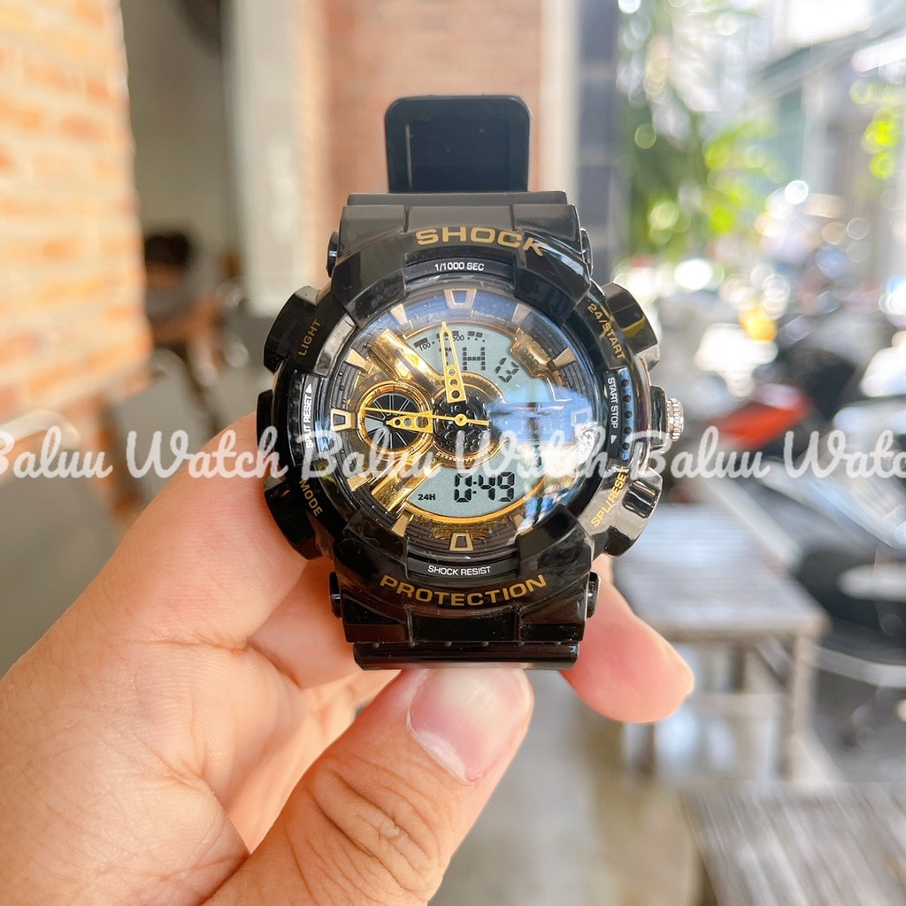 Đồng hồ thể thao nam nữ kim điện tử - GA220 đen 3 kim vàng kun shop