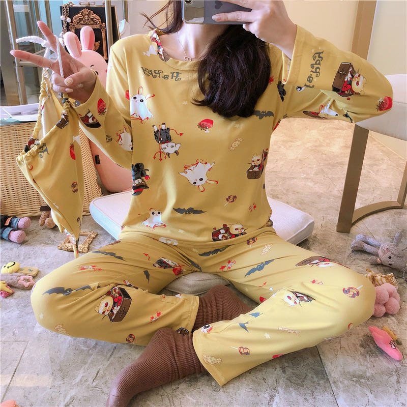Bộ thun dài tay nữ nhiều họa tiết set bộ đồ ngủ quần  suông áo phông thu đông in hình bánh bèo pijama mặc nhà Ailee