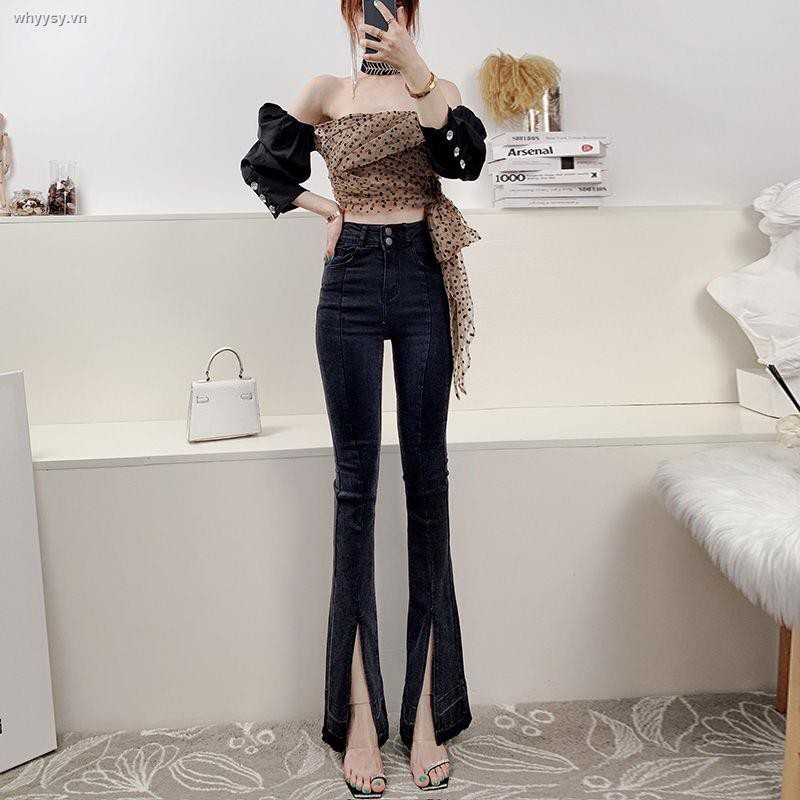 ✆●♟Black high-waist skinny slit micro-flare jeans women 2021 Korean version of slim stretch trousers trend