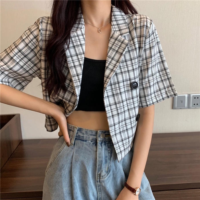 Áo Khoác Sơ Mi Ngắn Tay Chống Nắng Họa Tiết Sọc Caro Phong Cách Retro Phương Tây