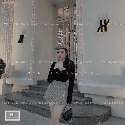 Chân váy chữ A kẻ zíc zắc cạp cao