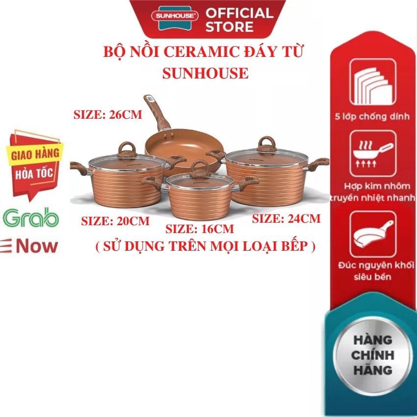 Bộ 4 Nồi Ceramic SUNHOUSE  Kèm Chảo Chống Dính 16 20 24 26CM Nồi Bếp Từ Mới 100% Bảo Hành Chính Hãng Toàn Quốc