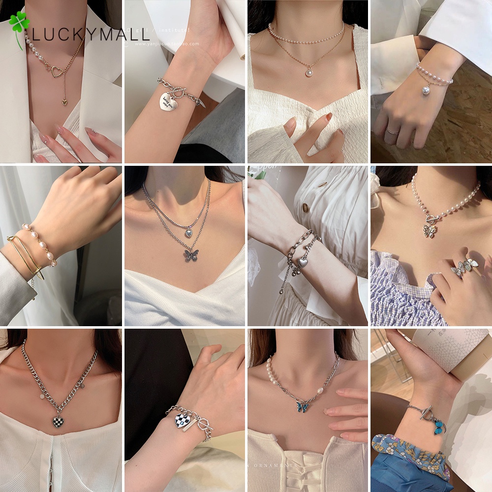 Vòng cổ nhiều lớp mặt hình bướm đính ngọc trai giả xinh xắn