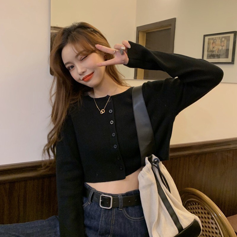 Áo croptop nữ CHIANG tay dài YAN Ulzzang phối khuy cotton CR02