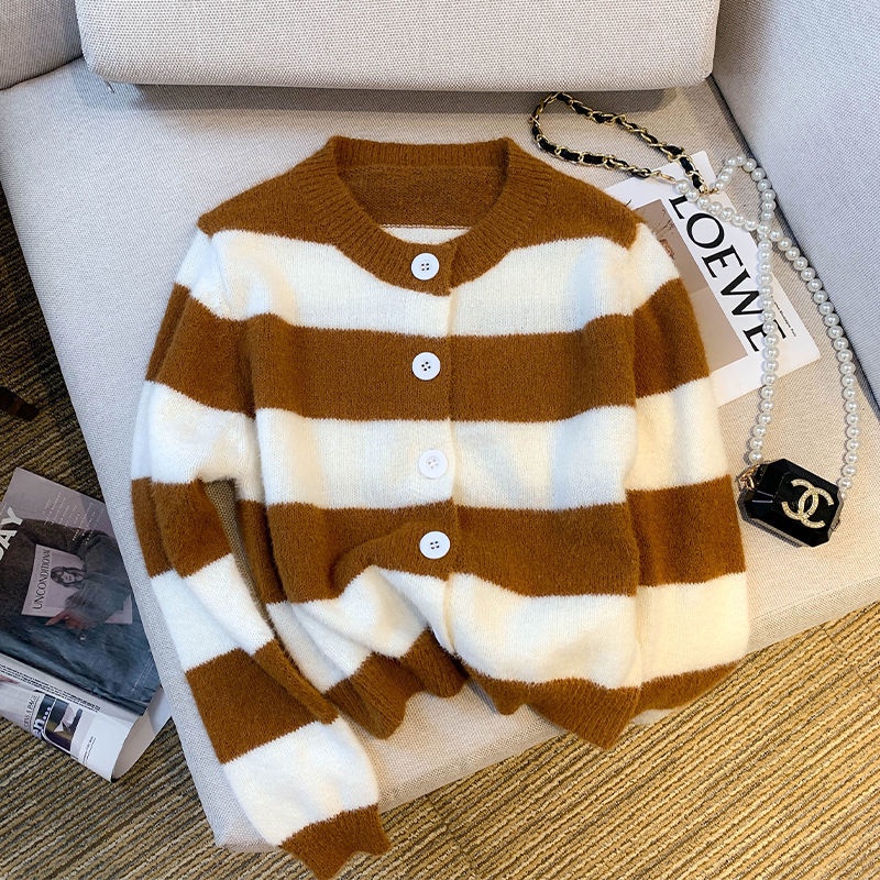 Áo Khoác Len cardigan Cổ Tròn Họa Tiết Kẻ Sọc Thời Trang Mùa Thu Mới Cho Nữ