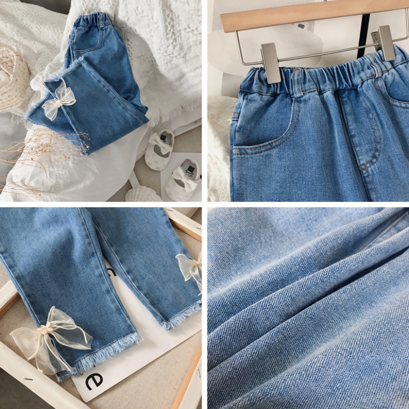 Quần Jeans Xẻ Ống Đính Nơ Đáng Yêu Cho Bé Gái