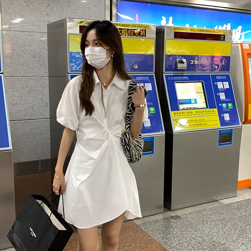 Đầm Trắng Tay Phồng Thiết Kế Lệch Tà Thời Trang Mùa Hè Mới Cho Nữ