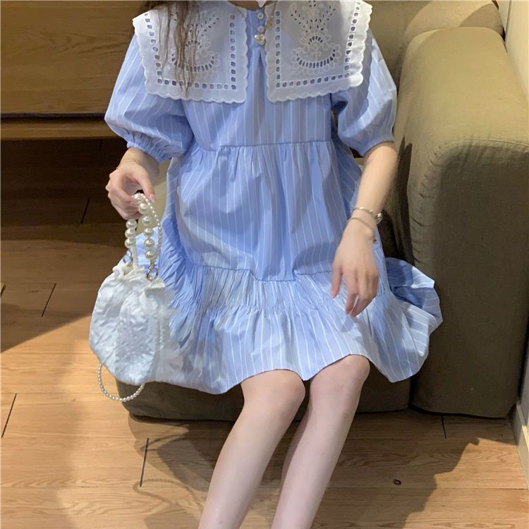 Váy babydoll Đầm Chữ a Cổ Thủy Thủ Dáng Rộng Họa Tiết Kẻ Sọc Thời Trang Mùa Hè 2022 Mới Cho Nữ