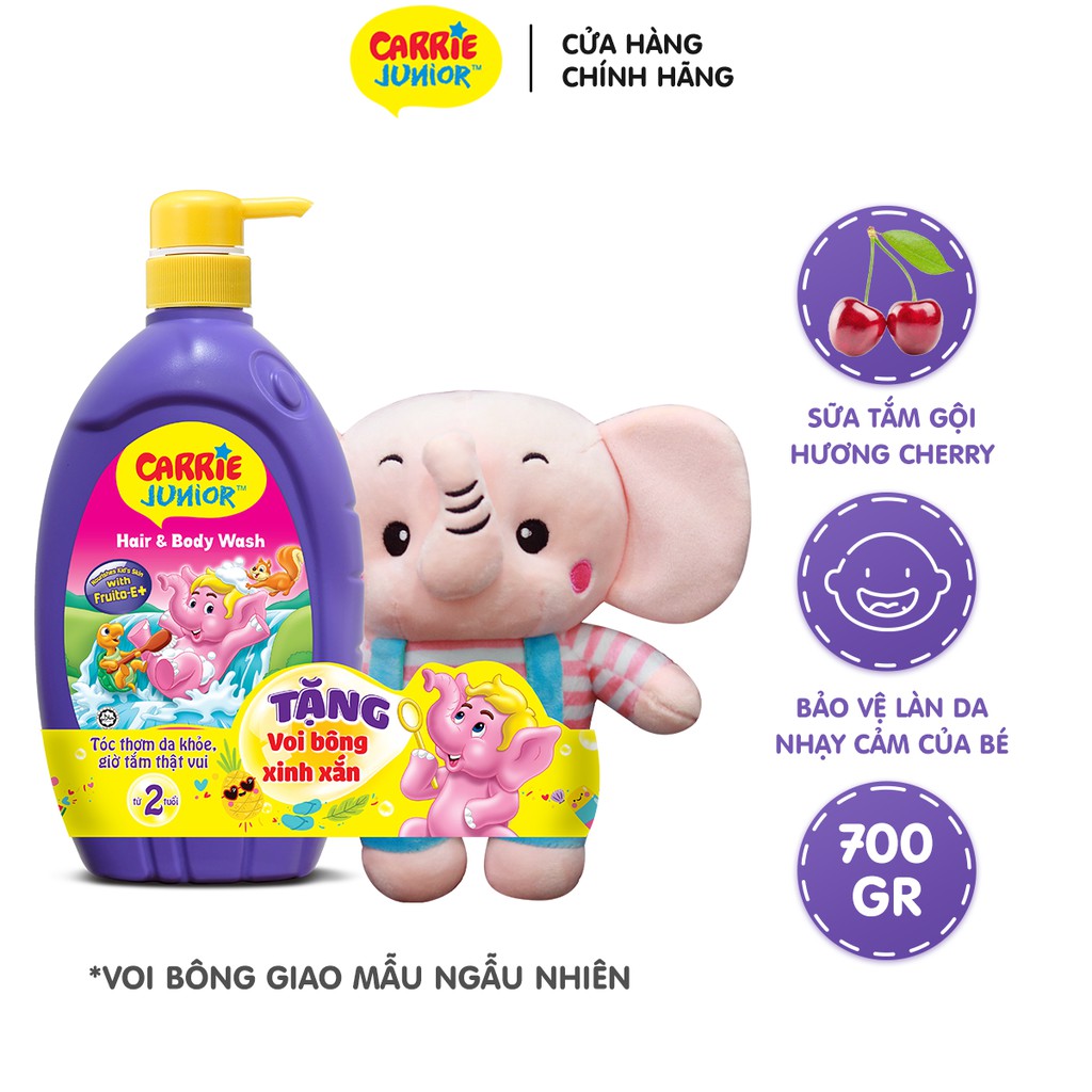 [Mã FMCGMALL -8% đơn 250K] Sữa Tắm Gội cho bé Carrie Junior hương Cherry 700g + Voi bông (màu ngẫu nhiên)