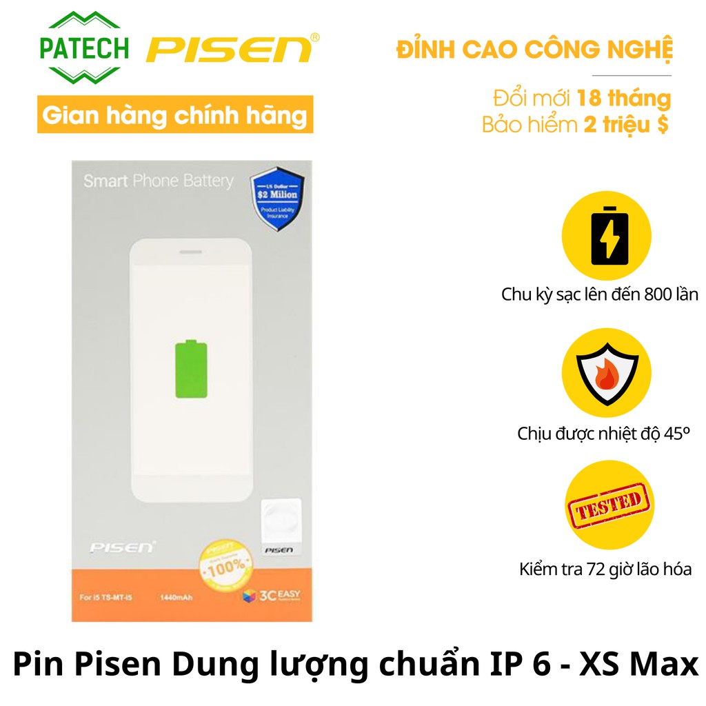 Pin Pisen Dung lượng chuẩn cho Iphone 6/6S/6Plus/6SPlus/7/7Plus/8/8Plus-IXSMax/I11/I11pro/I11promax -  Hàng chính hãng