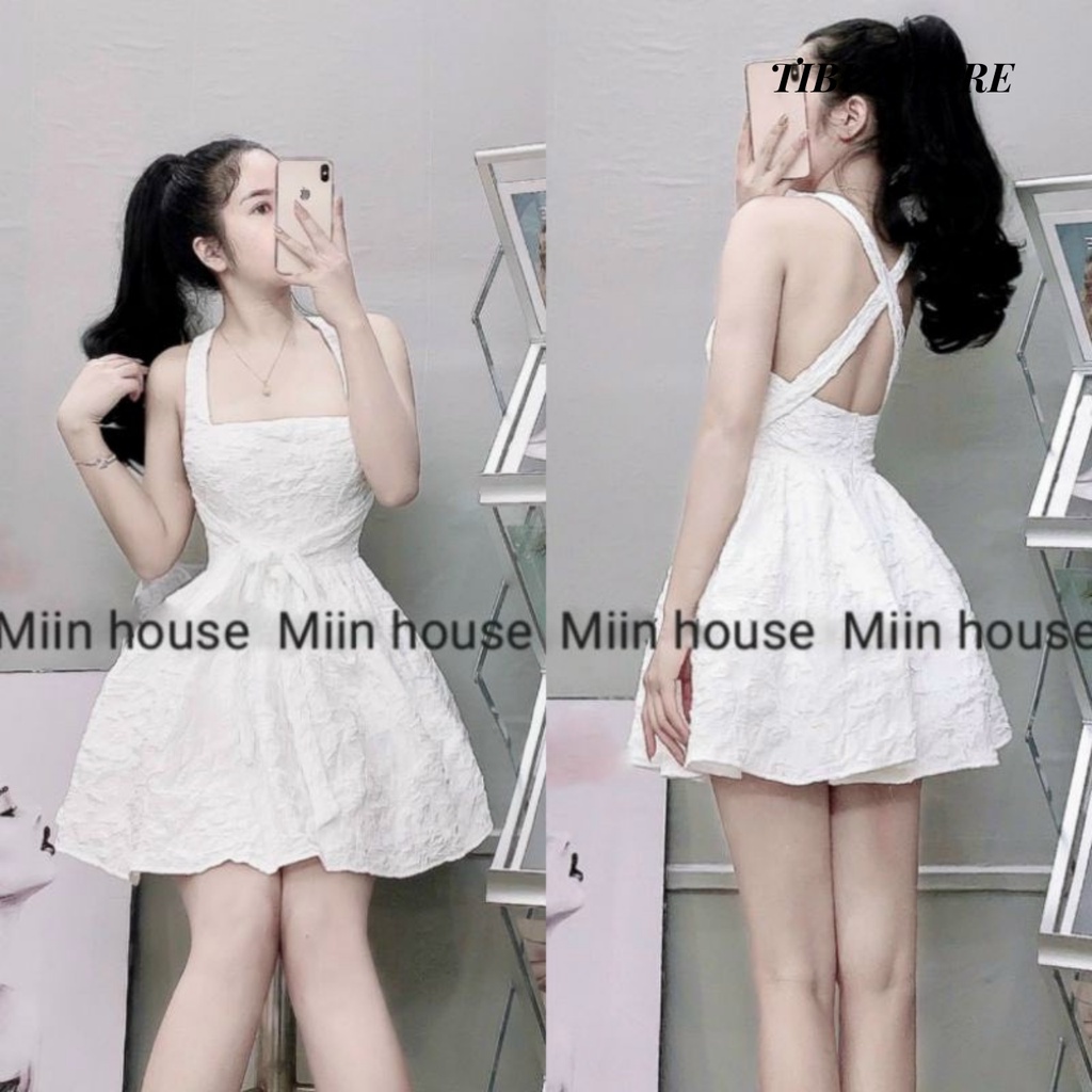 Váy body dáng xoè cổ yếm chất xốp nổi phối dây đan lưng phá cách đi tiệc, đi chơi siêu xinh TiBu