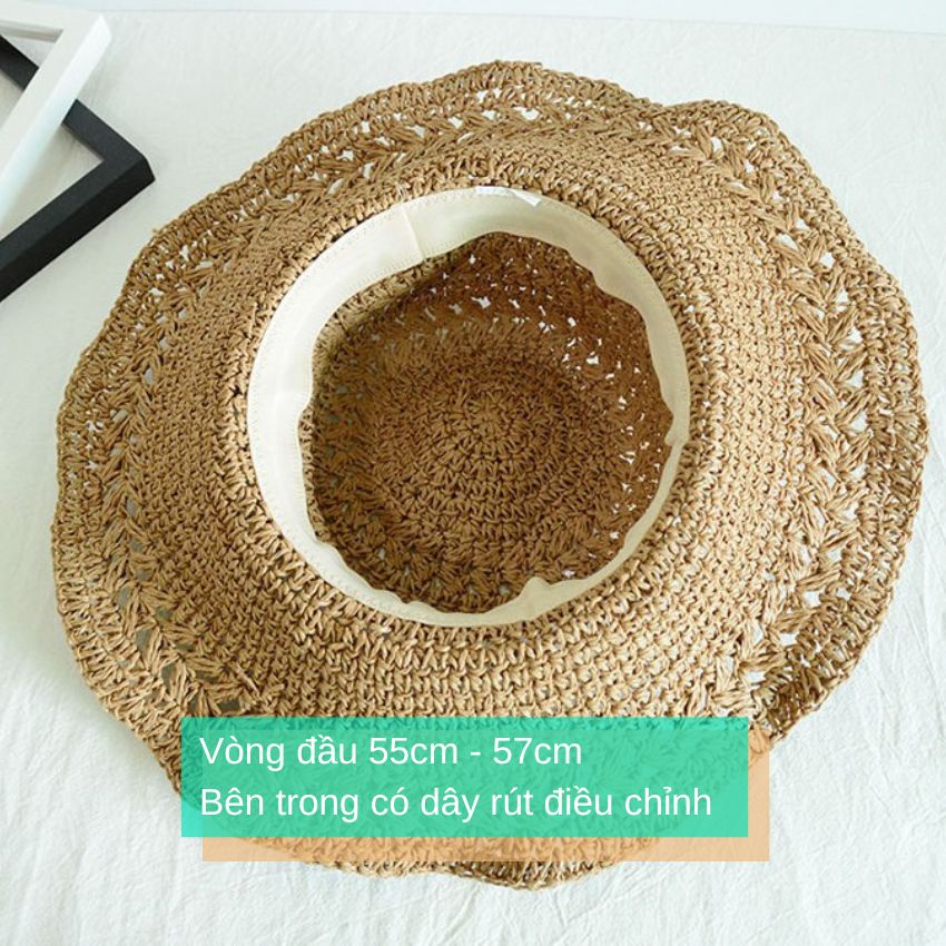 Mũ cói mềm đan móc rộng vành thắt dây cói
