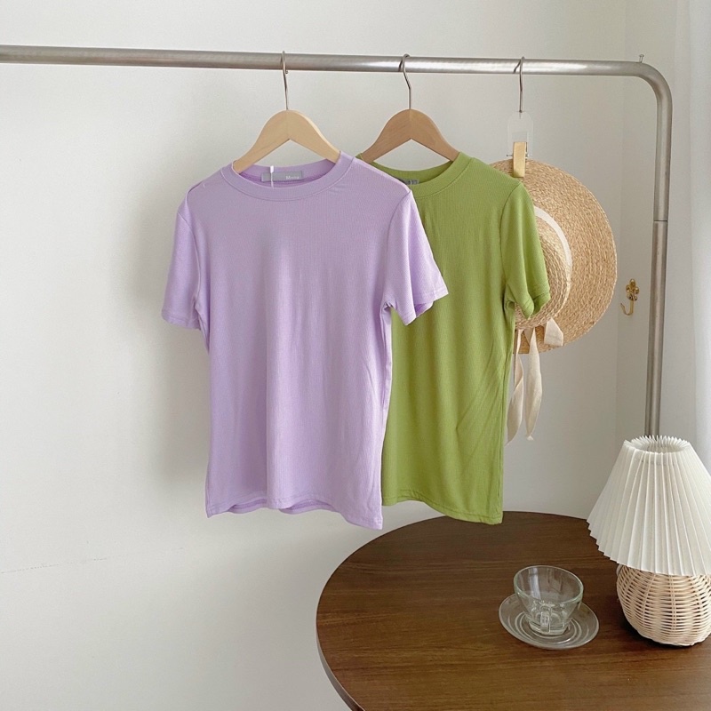 Áo thun gân tăm cổ tròn màu basic