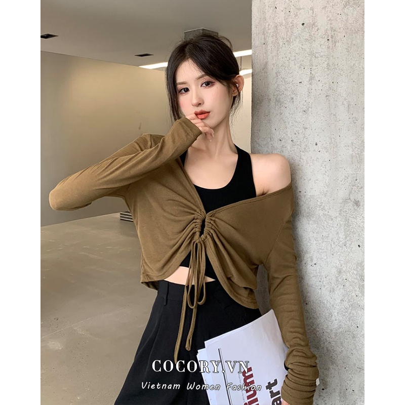 Cocory vn Set Áo Hai Dây Dệt Kim Cổ Chữ U + Áo Khoác Tay Dài Dáng Rộng Thời Trang Mùa Hè Cho Nữ
