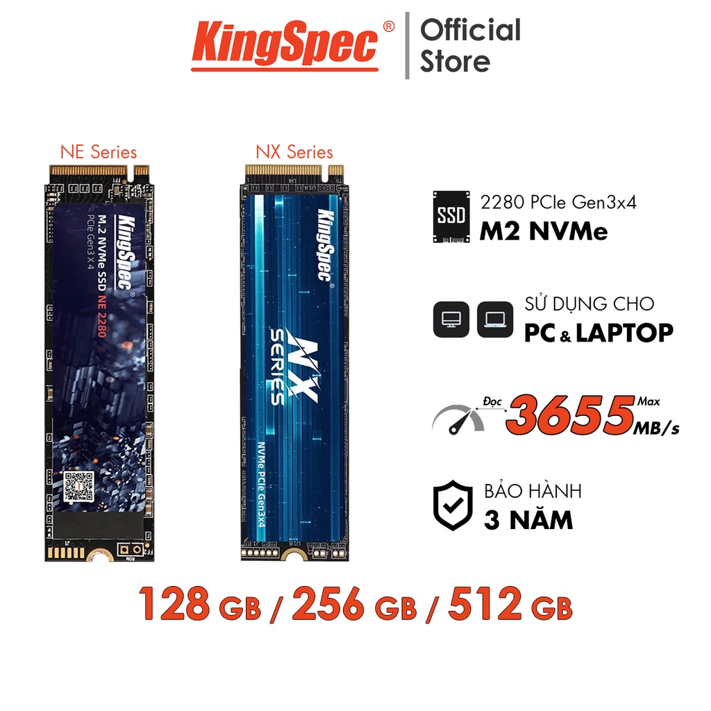[Mã BMBAU300 giảm 10% đơn 499K] Ổ cứng SSD KingSpec M2 PCIe NVMe , 128GB / 256GB / 512GB | NE+NX Series Hàng Chính Hãng