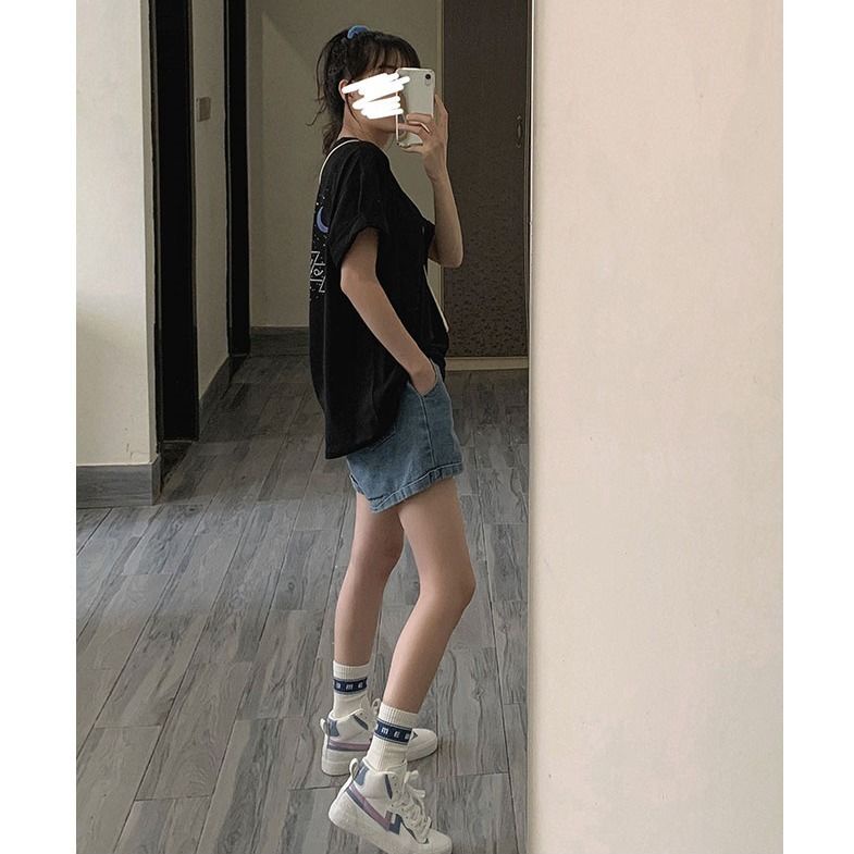 COZOK Quần Short Denim Ống Rộng Lưng Cao Phong Cách Hàn Quốc