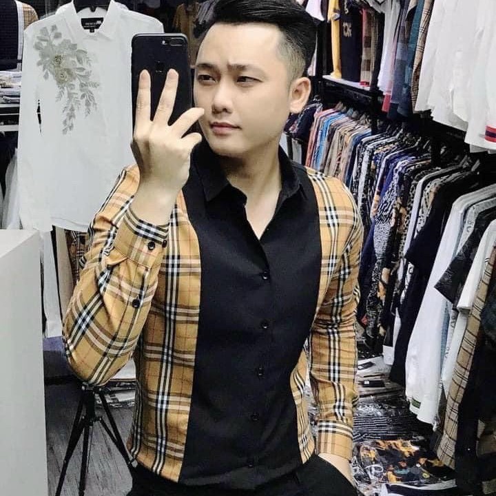 Áo sơ mi nam dài tay hàn quốc sọc caro phối BUBERY vải lụa trơn mịn chống nhăn cao cấp