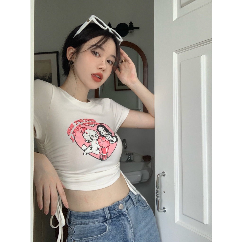 Áo Thun Croptop Cột Dây Dáng Ôm In Hoạt Hình Thời Trang Quyến Rũ Cho Nữ