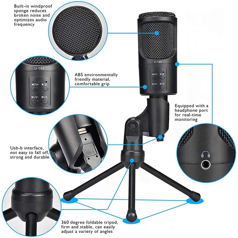 USB Microphone,Plug &Play Mic,PC Gaming Microphone,with Tripod Stand,for Streaming,Vocal Recording,YouTube, Skype,Twitch