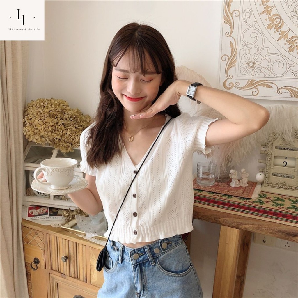 Áo croptop nữ kiểu cardigan dệt kim  tay ngắn cổ tim chữ V dáng ôm body  phong cách Hàn Quốc cá tính Liao shop | BigBuy360 - bigbuy360.vn