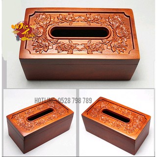 Hộp Đựng Giấy Gỗ Hương Đỏ - mẫu khắc Hoa Hồng Viền Vuông (hàng cao cấp)