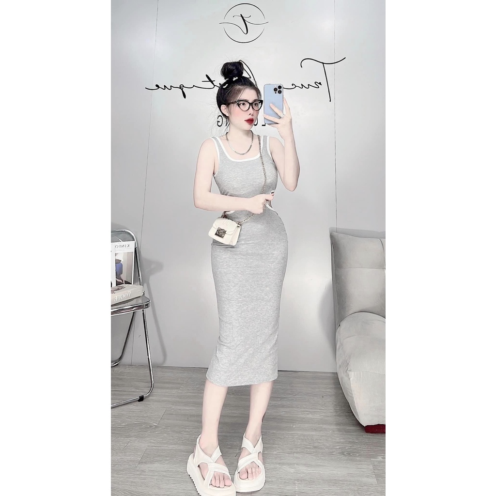 Đầm 2 dây ôm body dài khoét eo có mút ngực vải thun cotton gân dày xịn xò co giản, đầm khoét eo